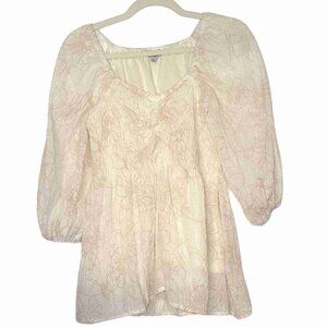 Polygram Flowy White & Tan Top with Sheer Sleeves